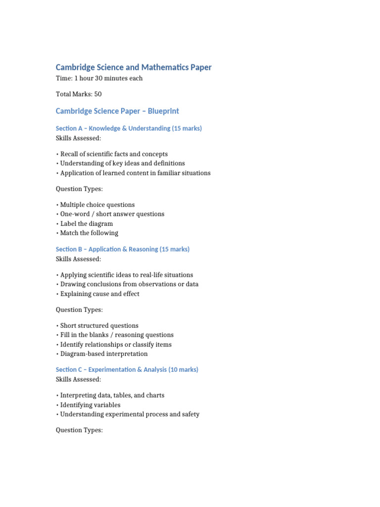Cambridge Science and Math Exam Blueprint | PDF | Mathematics | Science