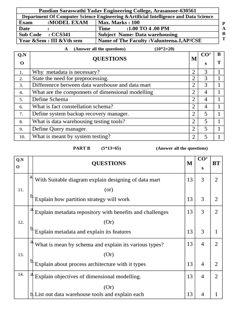 Data Warehousing Exam Questions Guide | PDF | Data Warehouse ...