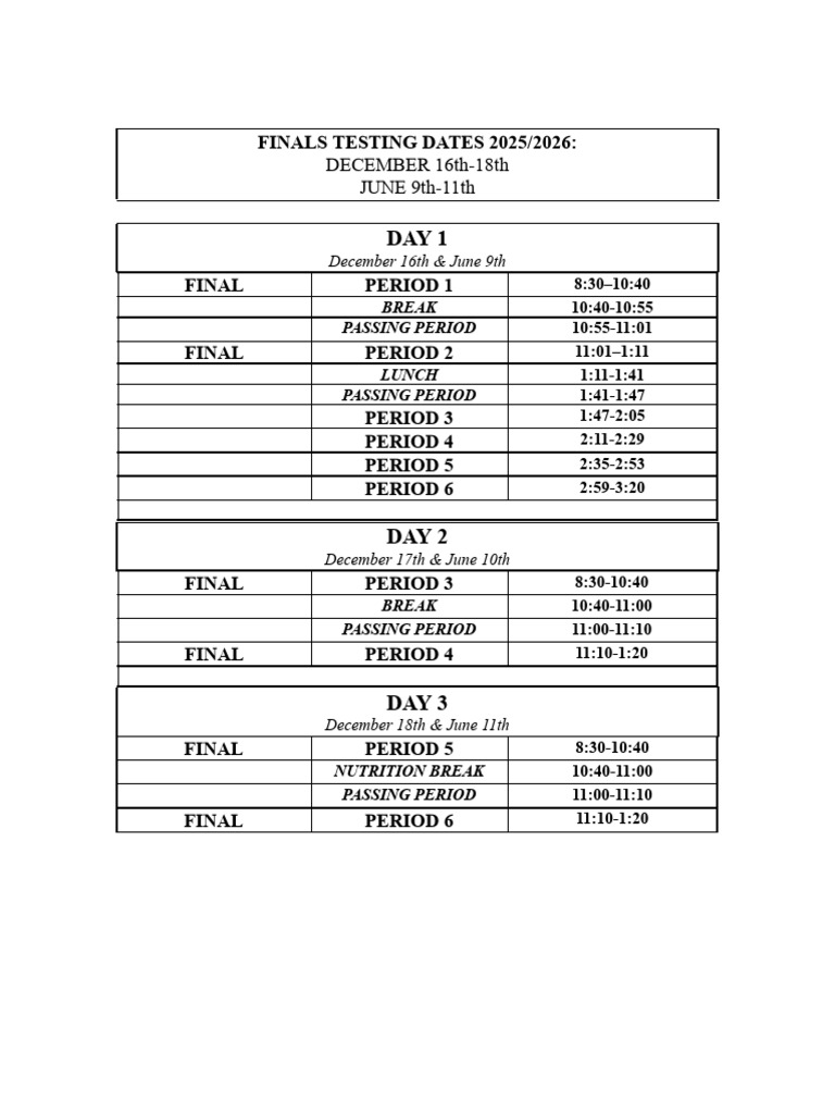 2025/2026 Finals Testing Schedule | PDF