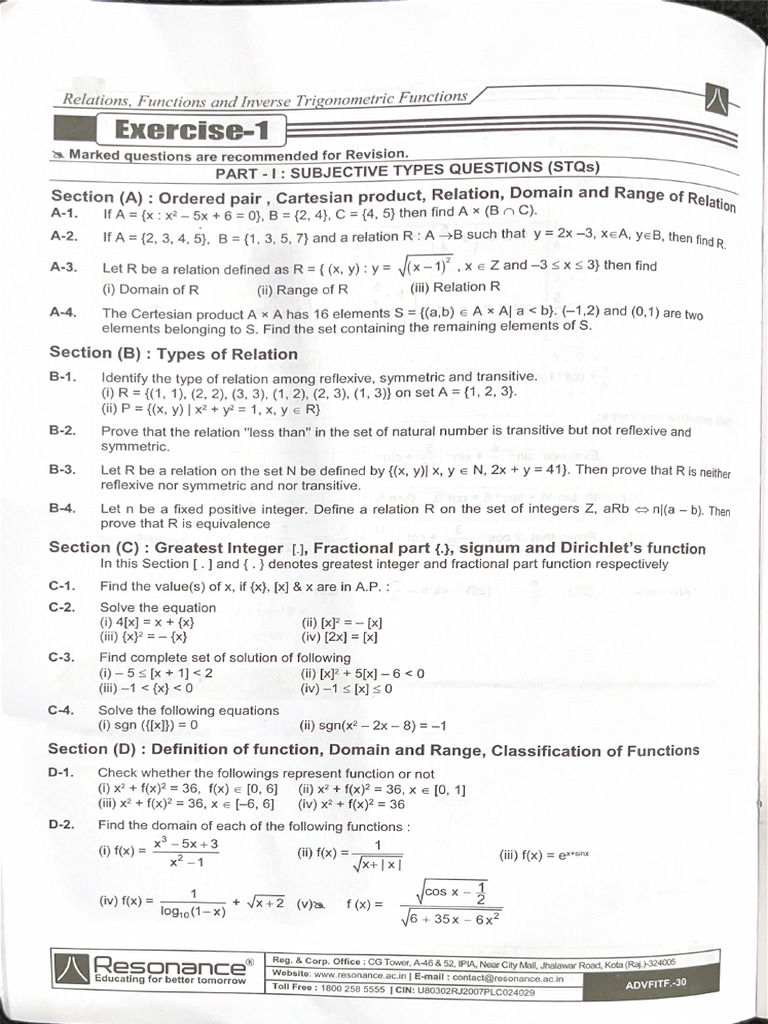 Section (A) Ordered Pair, Cartesian Product, Relation, Domain and Range ...
