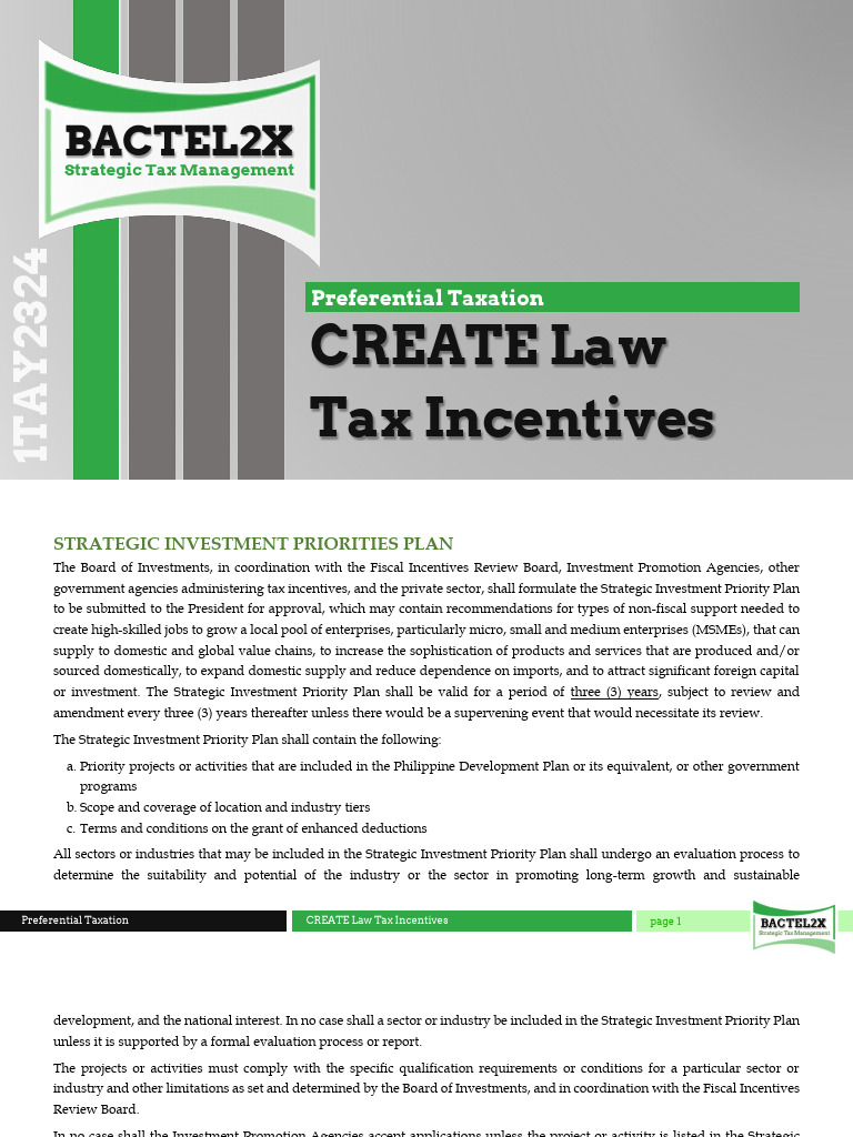 CREATE Law Tax Incentives Overview | PDF | Taxes | Tax Deduction