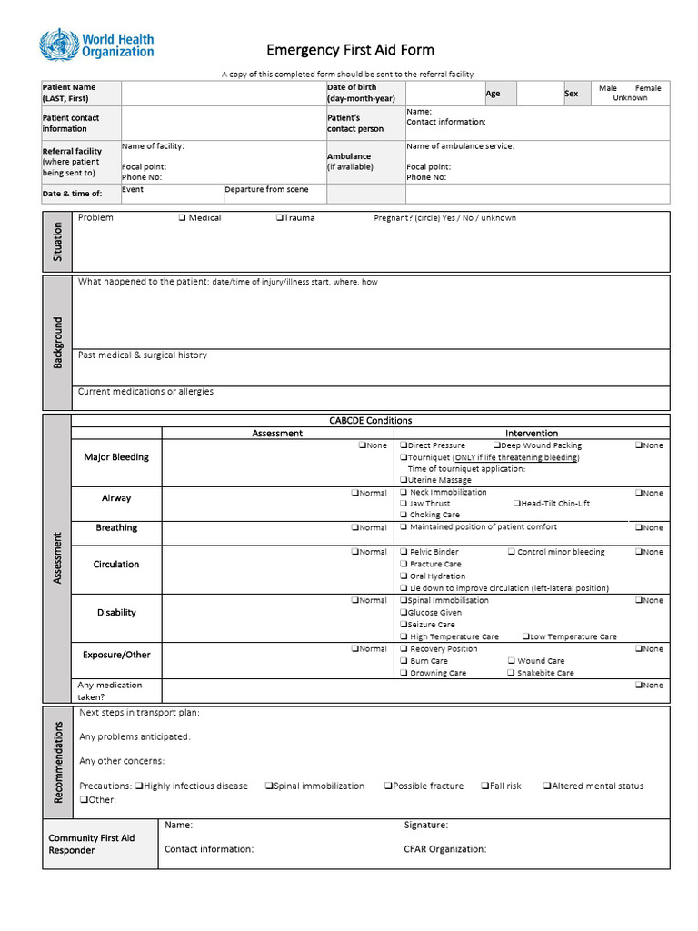 Emergency First Aid Patient Form | PDF | First Aid | Health Care