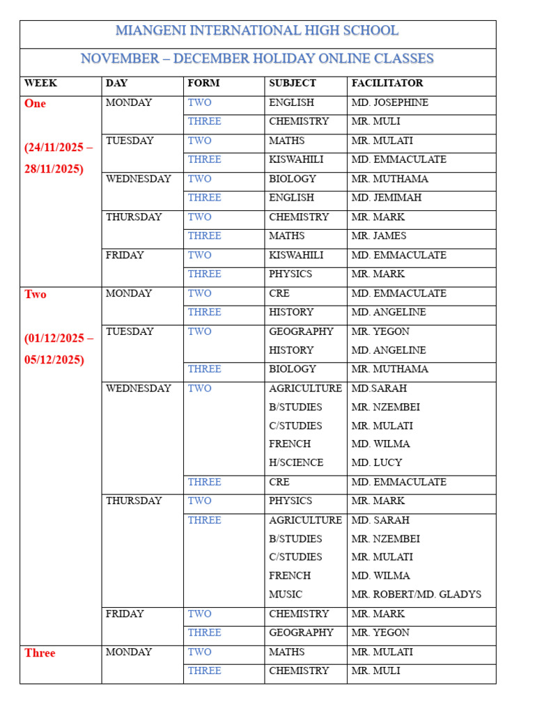 December Holiday Online Classes Timetable | PDF
