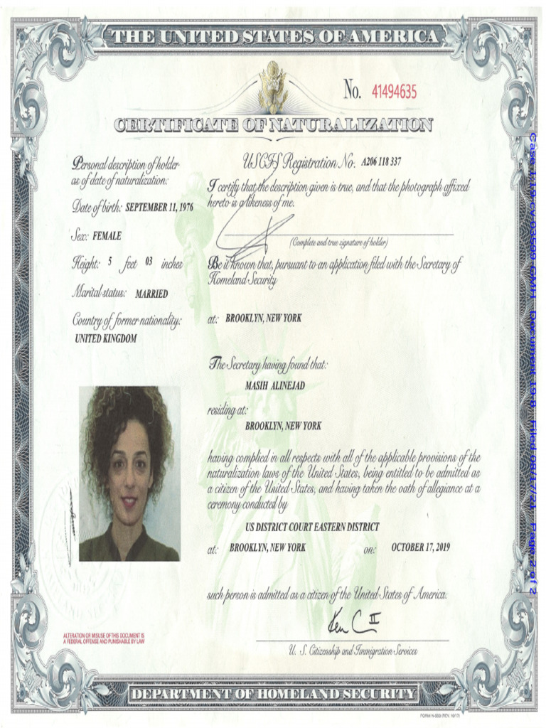 United States Naturalization Certificate for Masih Alinejad (1) | PDF