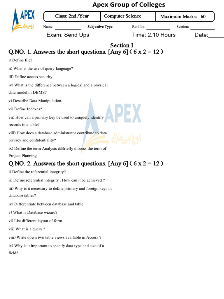 Computer Science Exam Questions for Class 2 | PDF | Databases ...