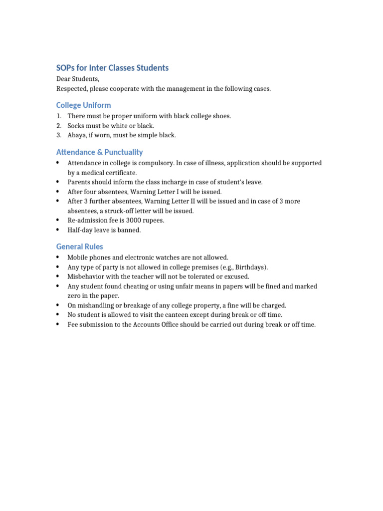 Inter Class Student SOP Guidelines | PDF
