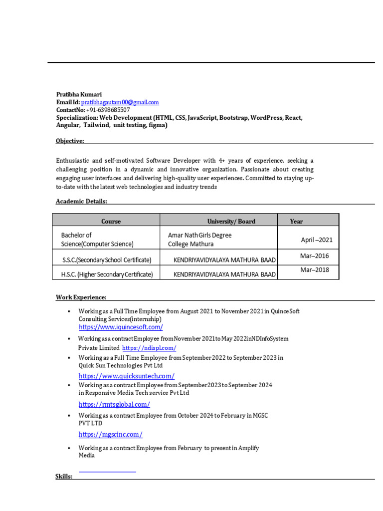 Web Developer Resume of Pratibha Kumari | PDF | Websites | Bootstrap ...