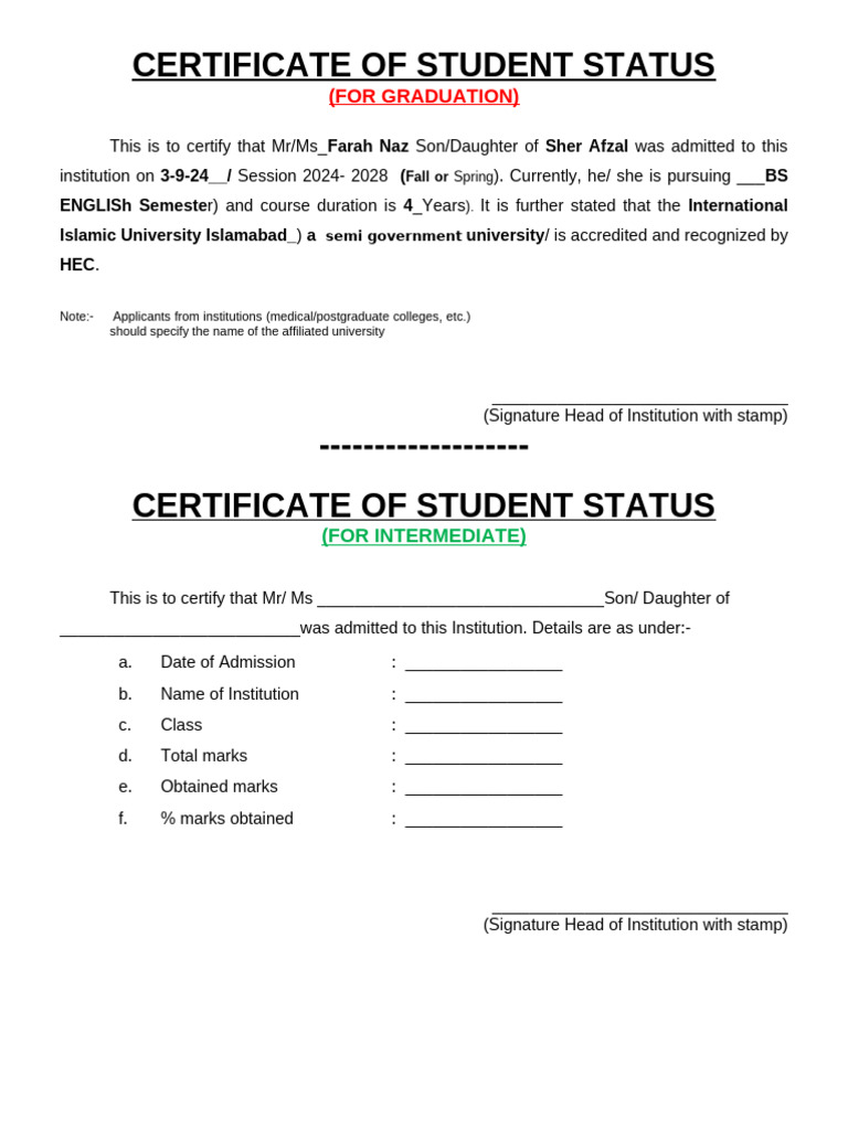 Student Status Certificate Template | PDF