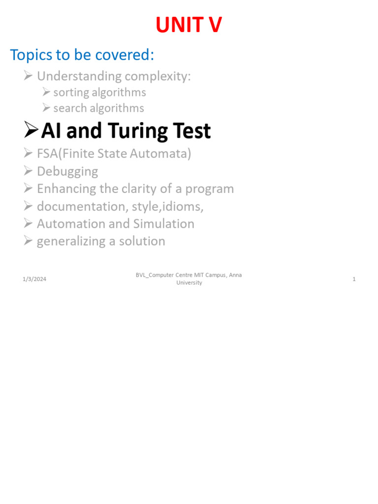 AI and Turing Test: Unit V | PDF