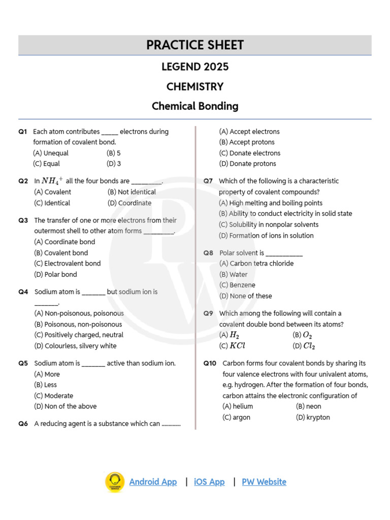 Chemistry Practice Sheet: Chemical Bonding | PDF | Ion | Chemical Polarity