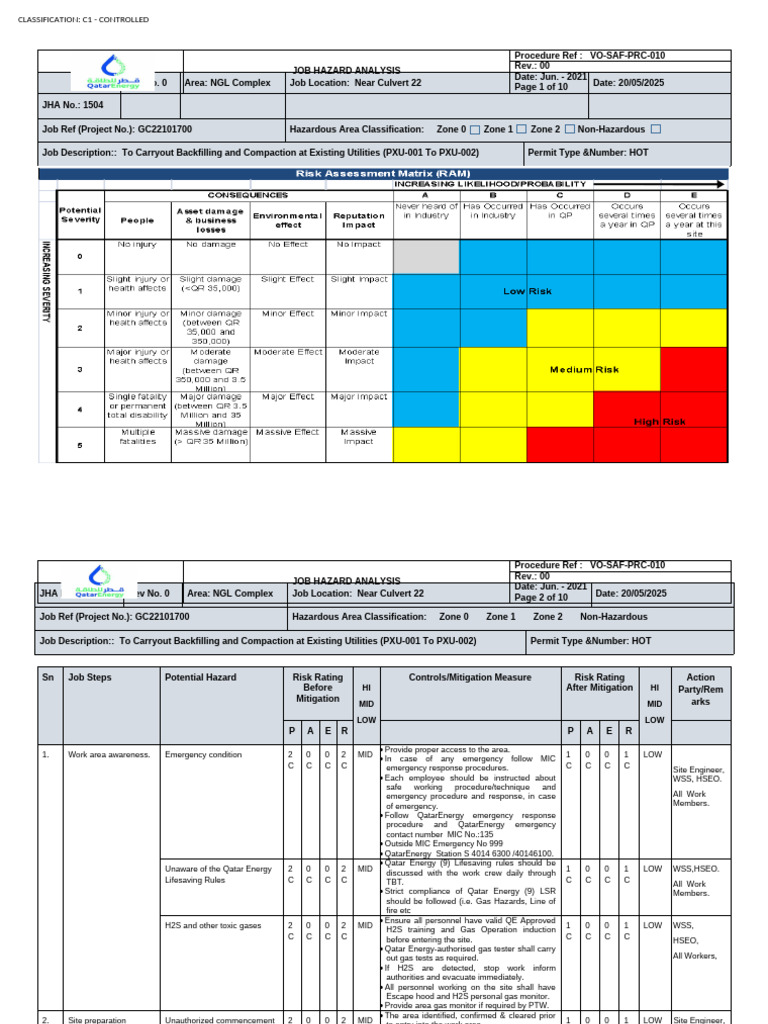 Job Hazard Analysis for Backfilling Work | PDF | Occupational Safety ...