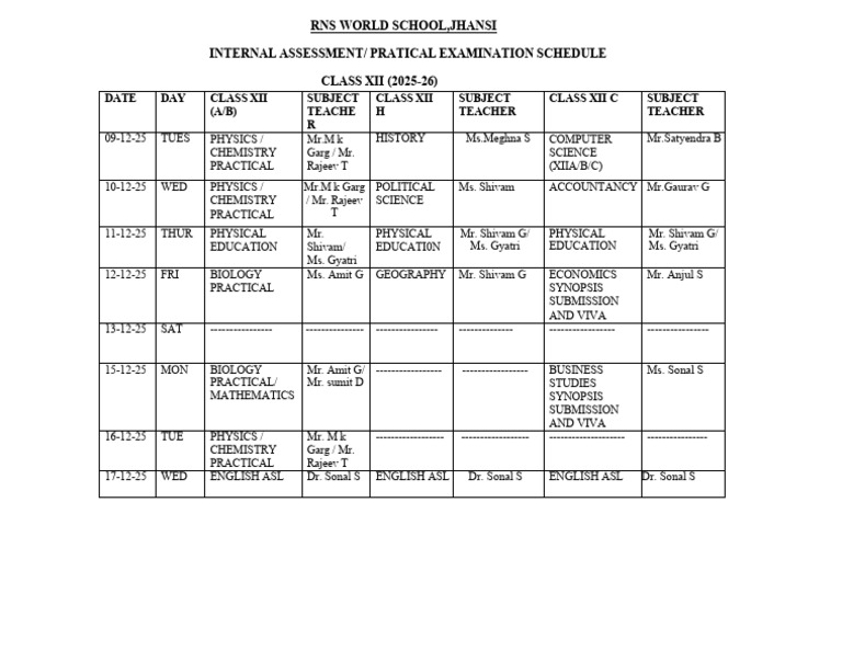Practical Schedule class 12 dec 2025 | PDF | Science