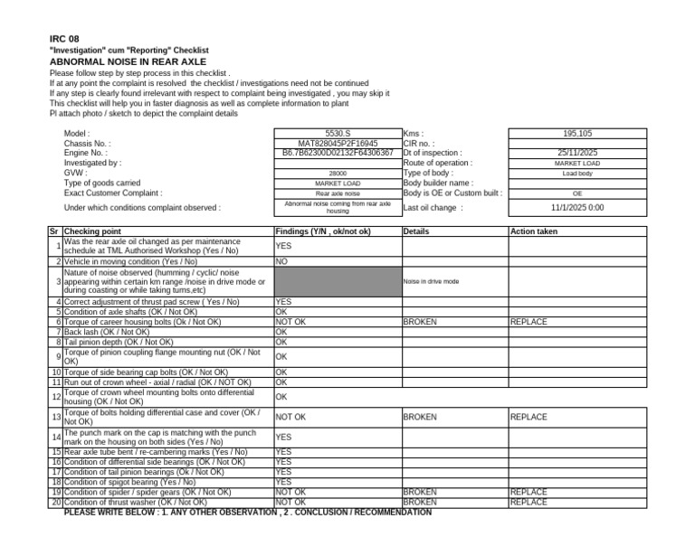 Rear Axle Noise Investigation Checklist | PDF | Axle | Machines