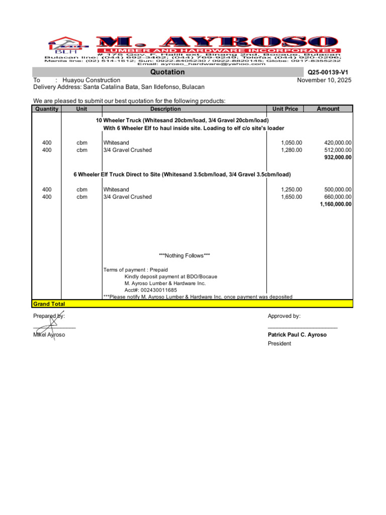 Construction Material Quotation 2025 | PDF