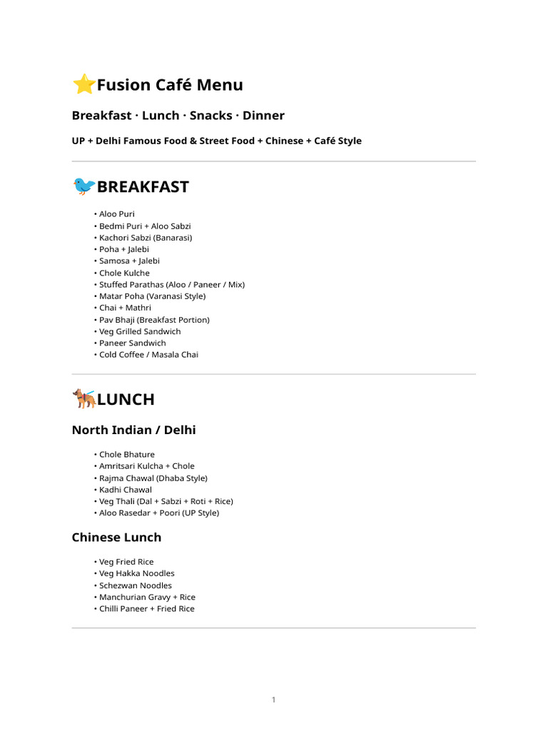 Fusion Café Menu: Indian & Chinese Delights | PDF