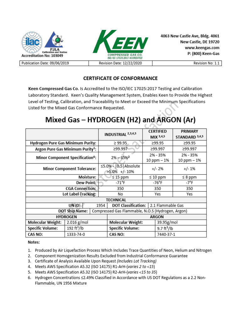 2020 12 22 Mixed Gas Hydrogen Argon Rev1.1 | PDF | Argon | Gases
