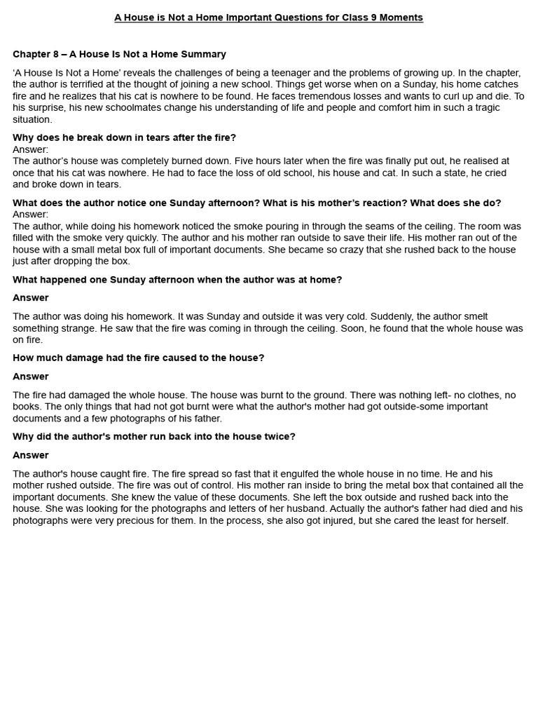 A House Is Not a Home: Class 9 Summary | PDF