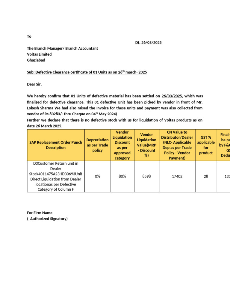 Defective Clearance Certificate Confirmation | PDF