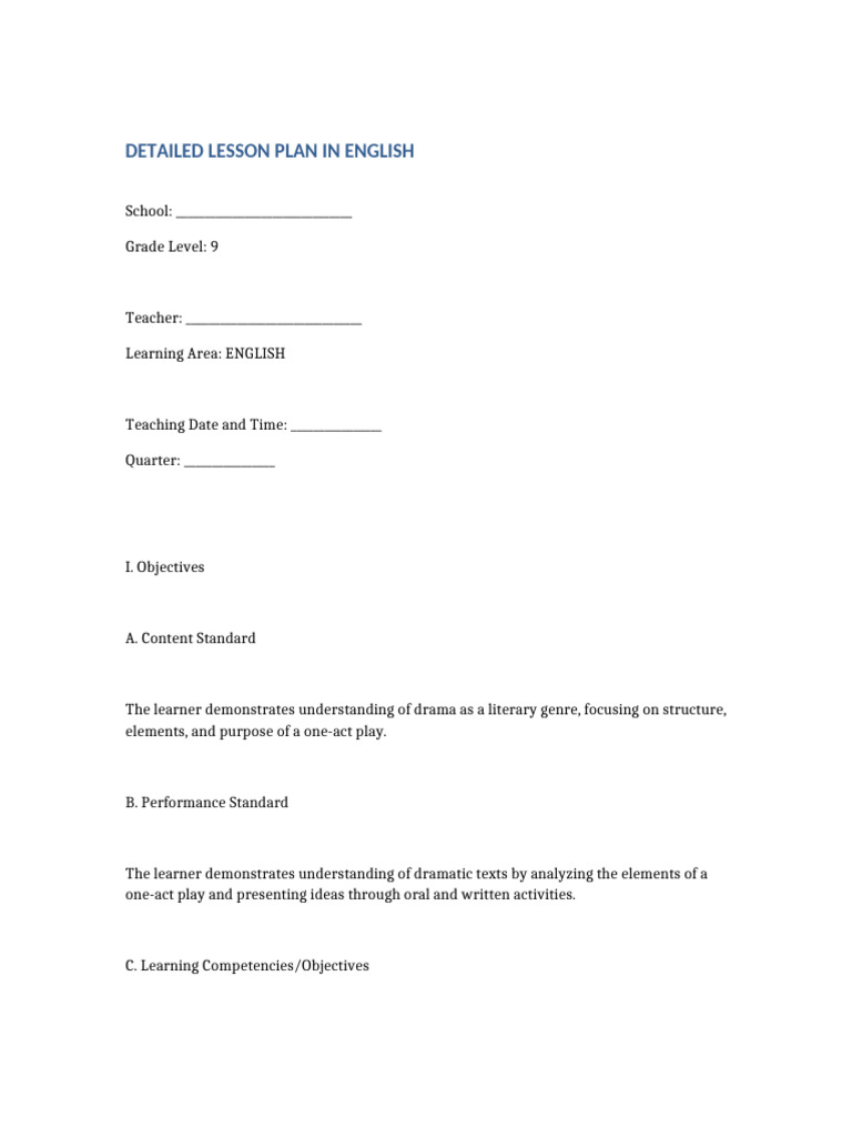 One-Act Play Lesson Plan for Grade 9 | PDF | Lesson Plan | Teachers