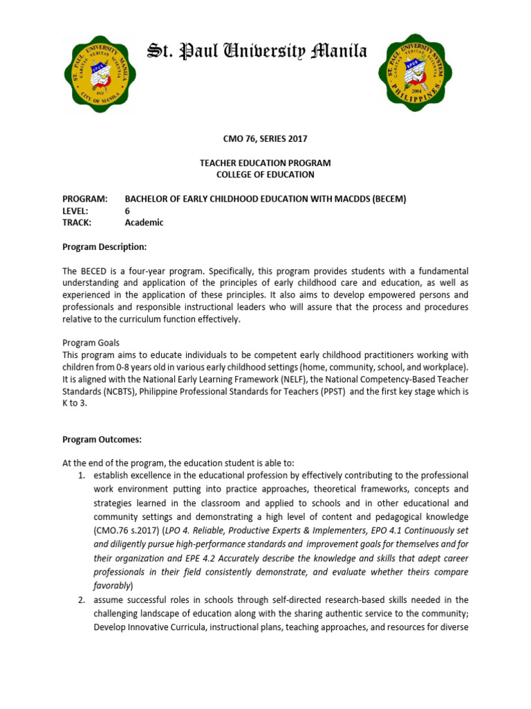 Bachelor of Early Childhood Education Program | PDF | Early Childhood ...