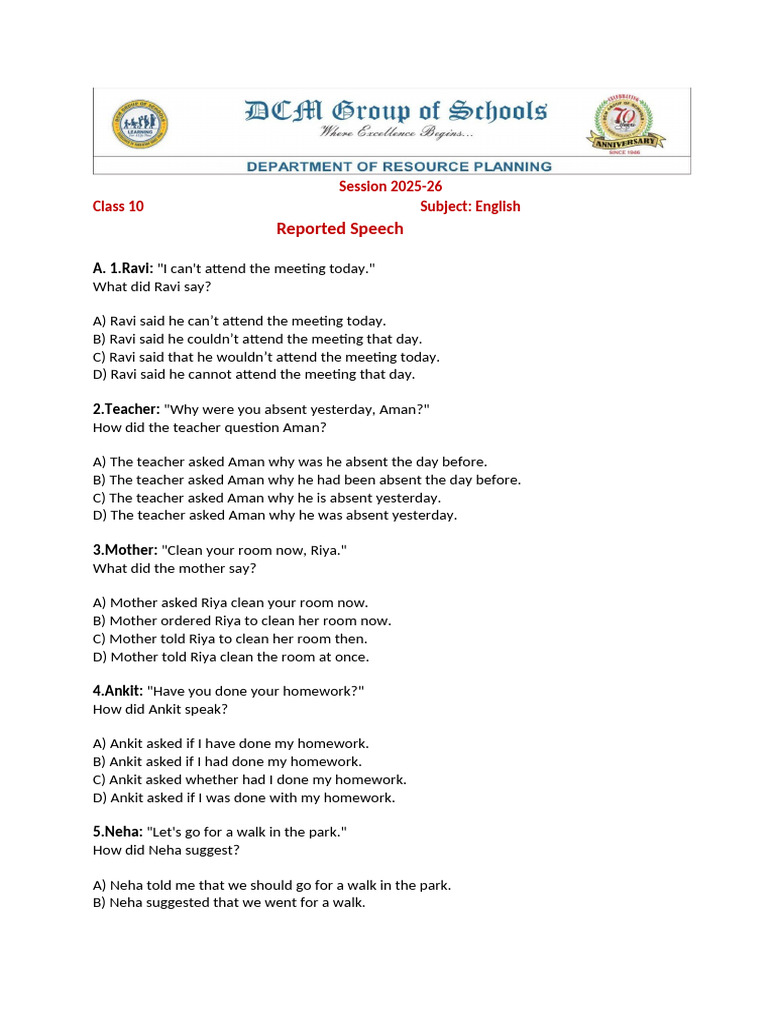Reported Speech Exercises for Class 10 | PDF