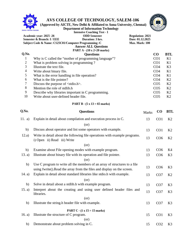 C Programming Intensive Test 2025-26 | PDF | Software Engineering ...