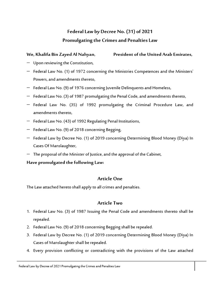 Federal Law by Decree No. (31) of 2021 Promulgating The Crimes and ...
