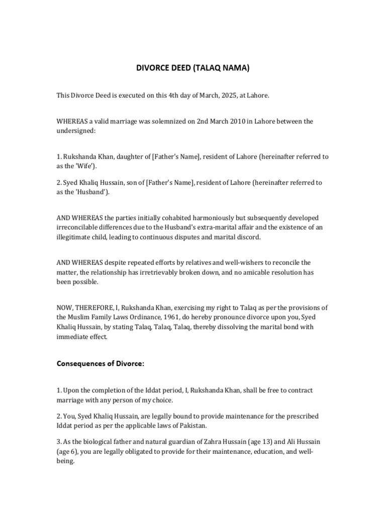 Lahore Divorce Deed (Talaq Nama) | PDF