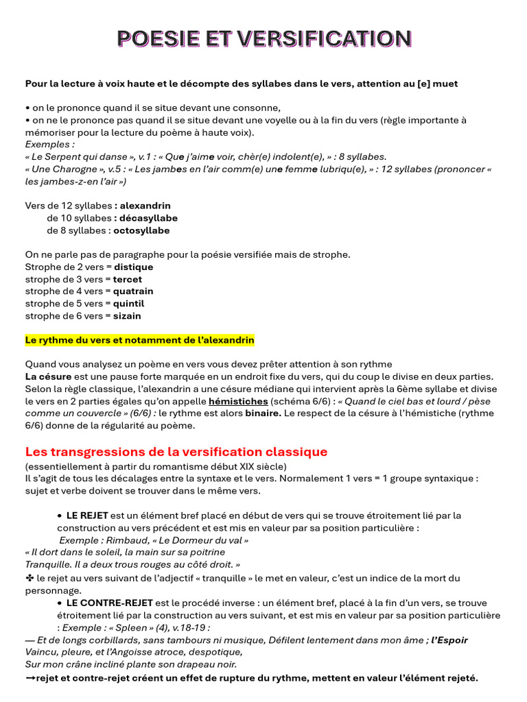 Règles de versification et rythme poétique | PDF | Rime dans la poésie ...