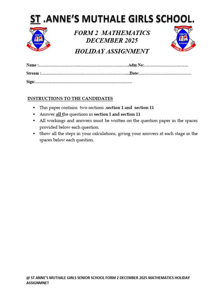 Form 2 Mathematics Holiday Assignment 2025 | PDF | Significant Figures ...