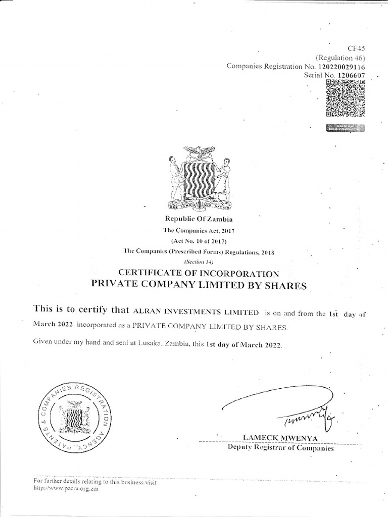 Alran Certificate of Incorporation | PDF