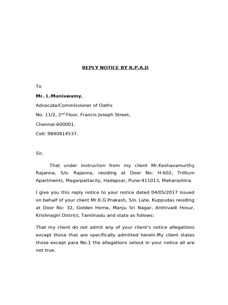Reply Notice by Kesavamurthy | PDF | Justice | Crime & Violence
