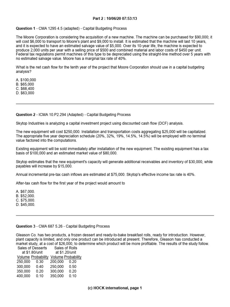 Capital Budgeting Analysis Questions | PDF | Depreciation | Net Present ...