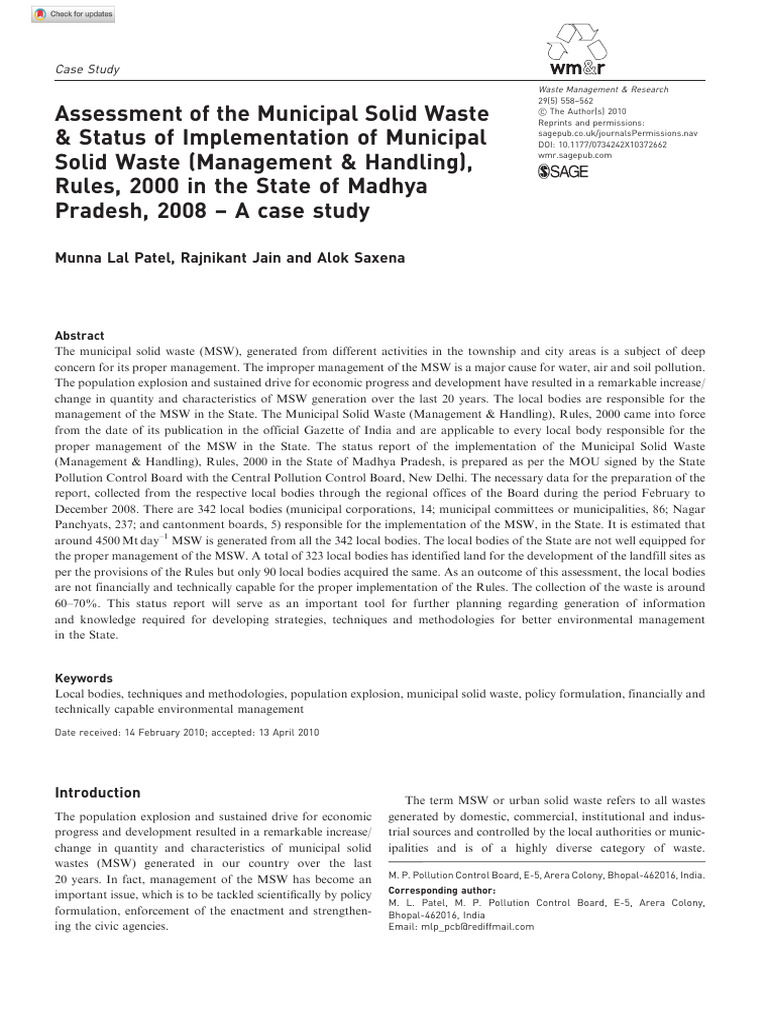 Lal Patel Et Al 2010 Assessment of The Municipal Solid Waste Status of ...