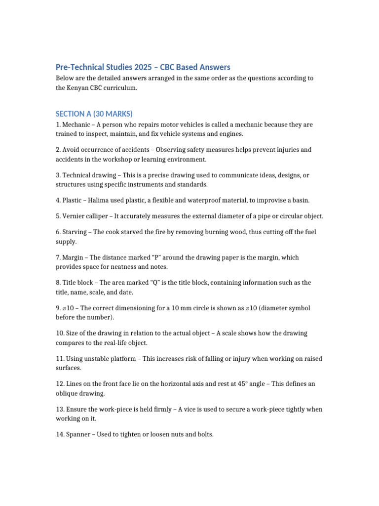 Pretechnical Studies CBC Answers 2025 | PDF | Drawing | Diameter