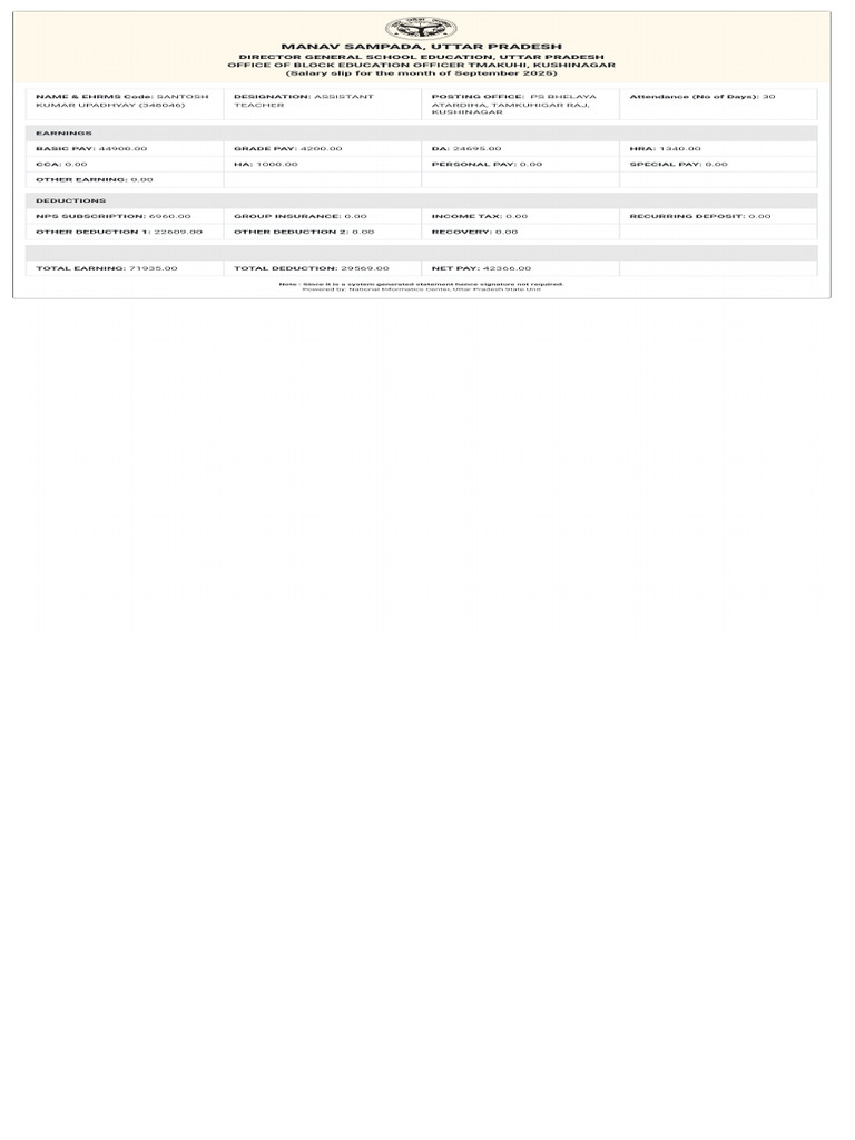 Salary Slip For The Month of September 2025 | PDF