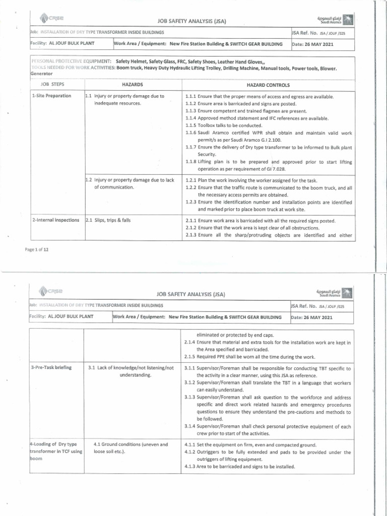 JSA 025 JSA For Installation Of Dry Type Transformers PDF