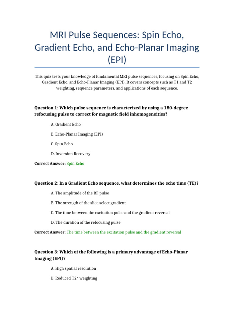 MRI Pulse Sequences Spin Echo, Gradient Echo, and | PDF | Magnetic ...