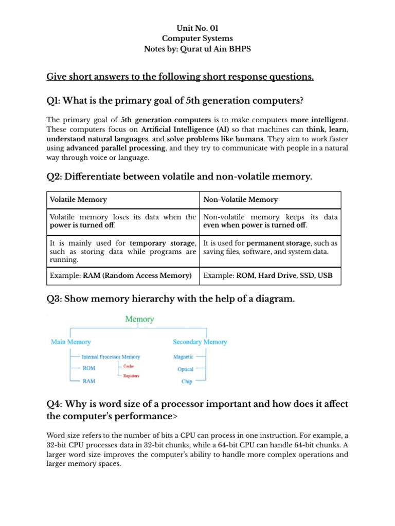 Unit # 01 - Computer Systems (Short Answers) | PDF | Computer Data ...