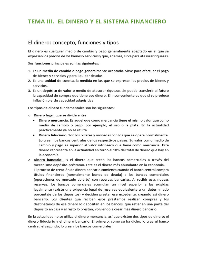 Dinero y Sistema Financiero: Conceptos Clave | PDF | Bancos | Dinero