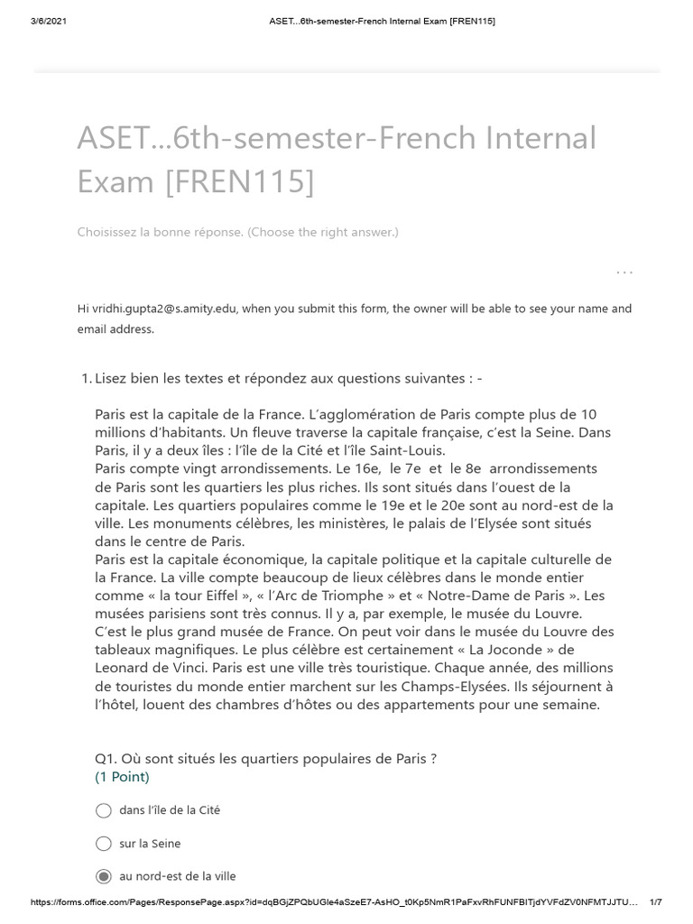 Examen interne FREN115 - Paris et culture | PDF | Paris | Ouverture ...