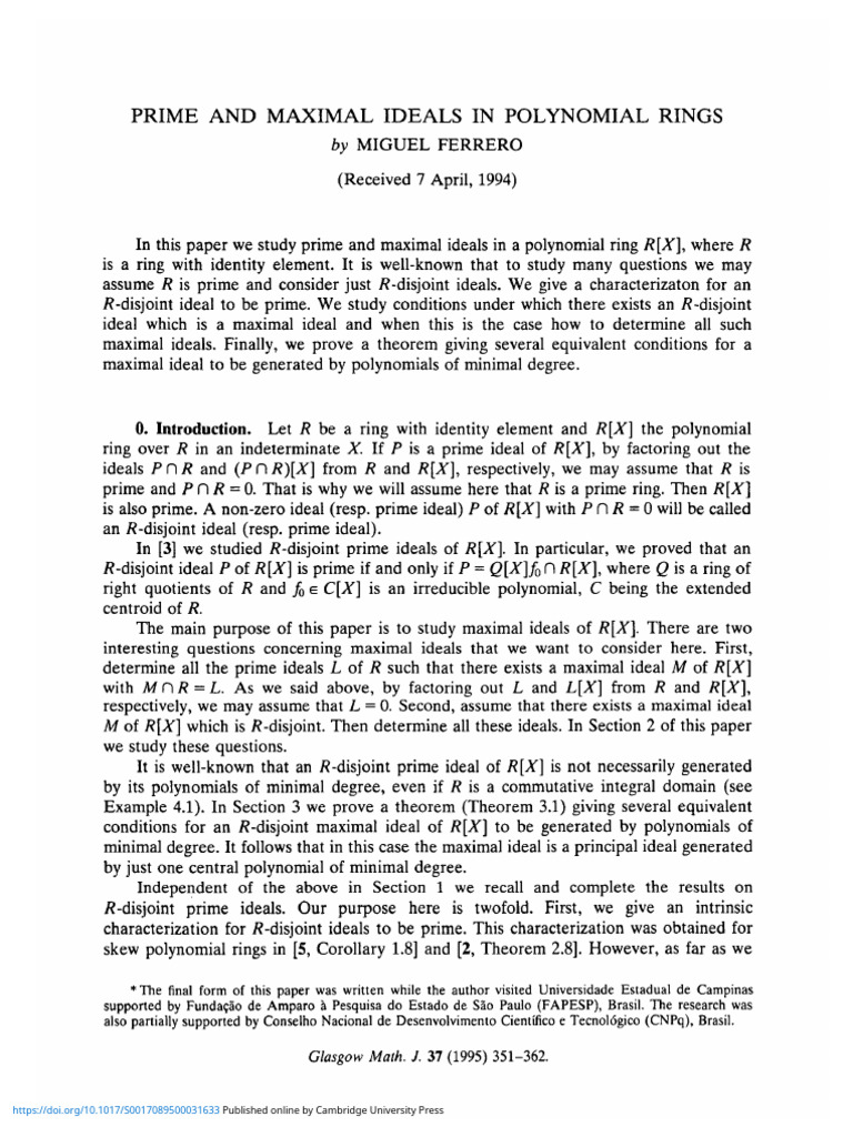 Prime and Maximal Ideals in Polynomial Rings | PDF | Ring (Mathematics ...