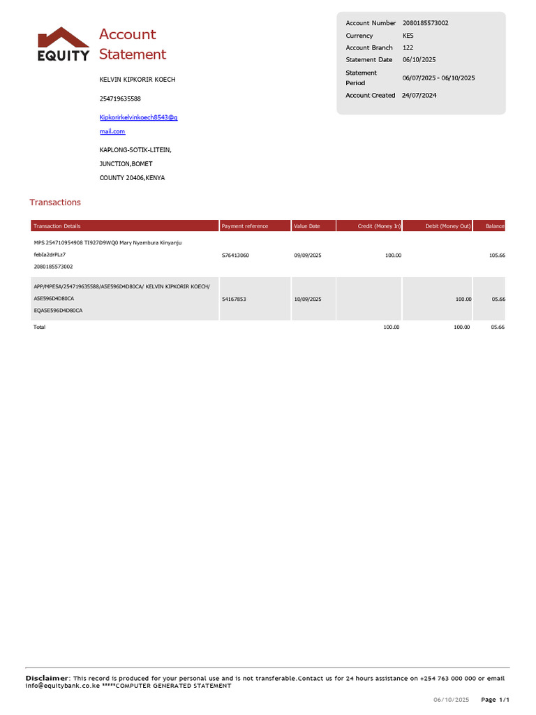 Account Statement for Kelvin Koech | PDF