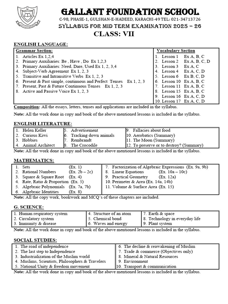 Syllabus Class VII | PDF
