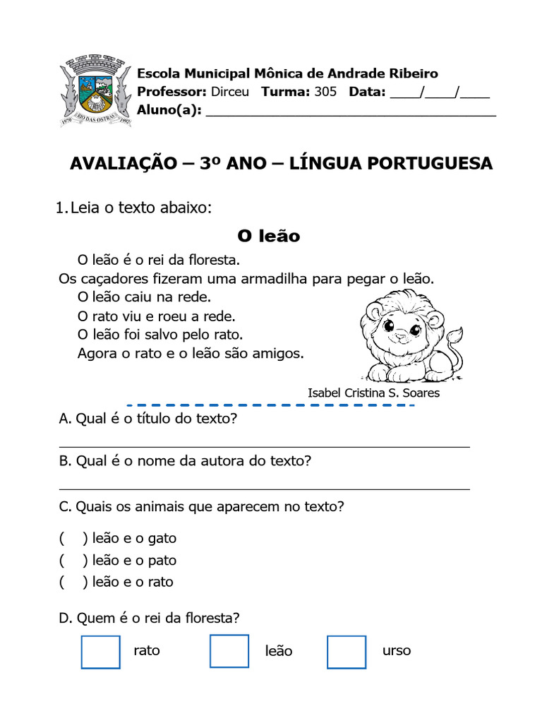 Avaliação de Língua Portuguesa - 3º Ano | PDF