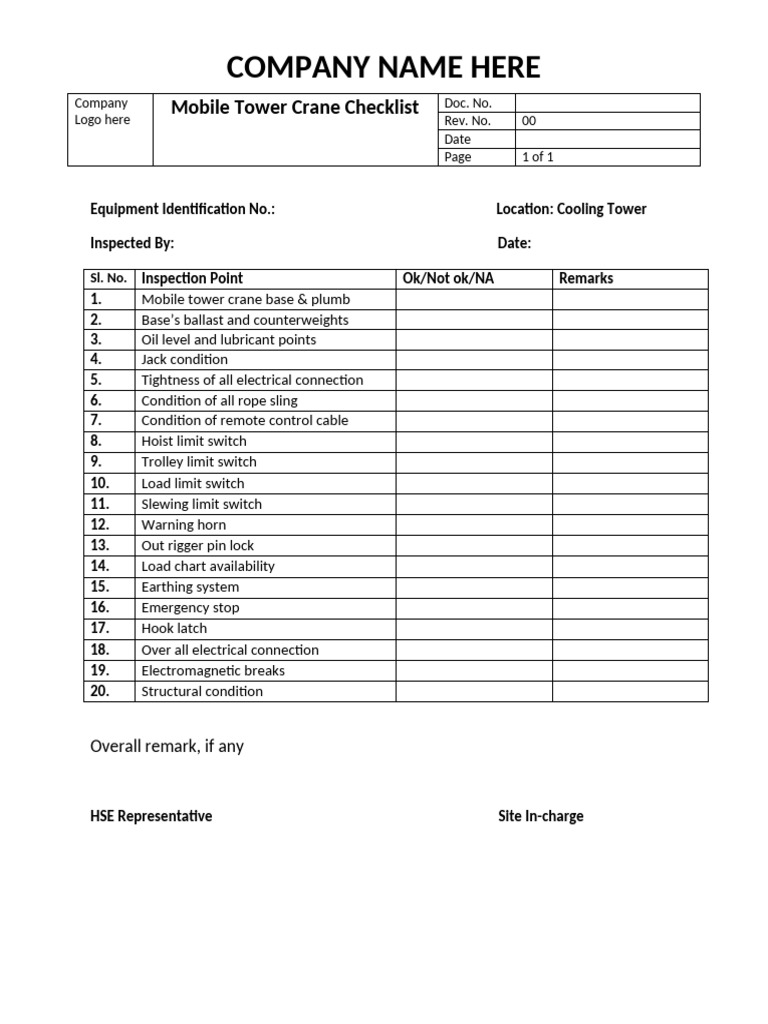 Mobile Tower Crane Inspection Checklist | PDF