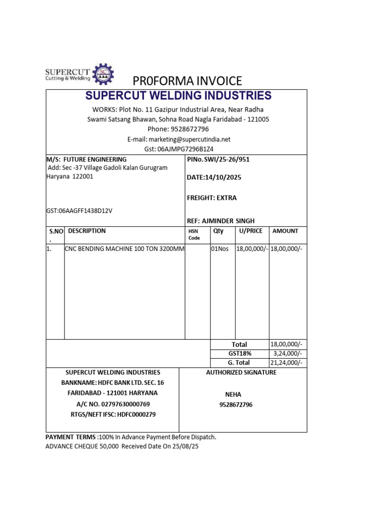 Proforma Invoice for CNC Bending Machine | PDF