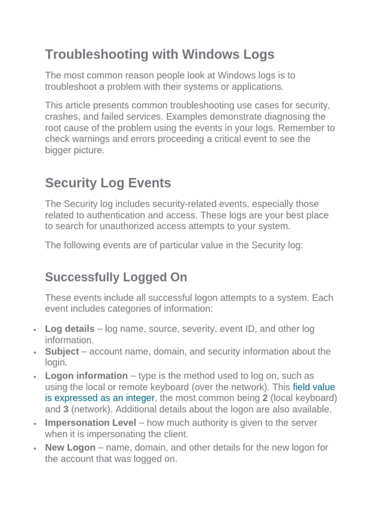 Windows Log Troubleshooting Guide | PDF | Login | Microsoft Windows