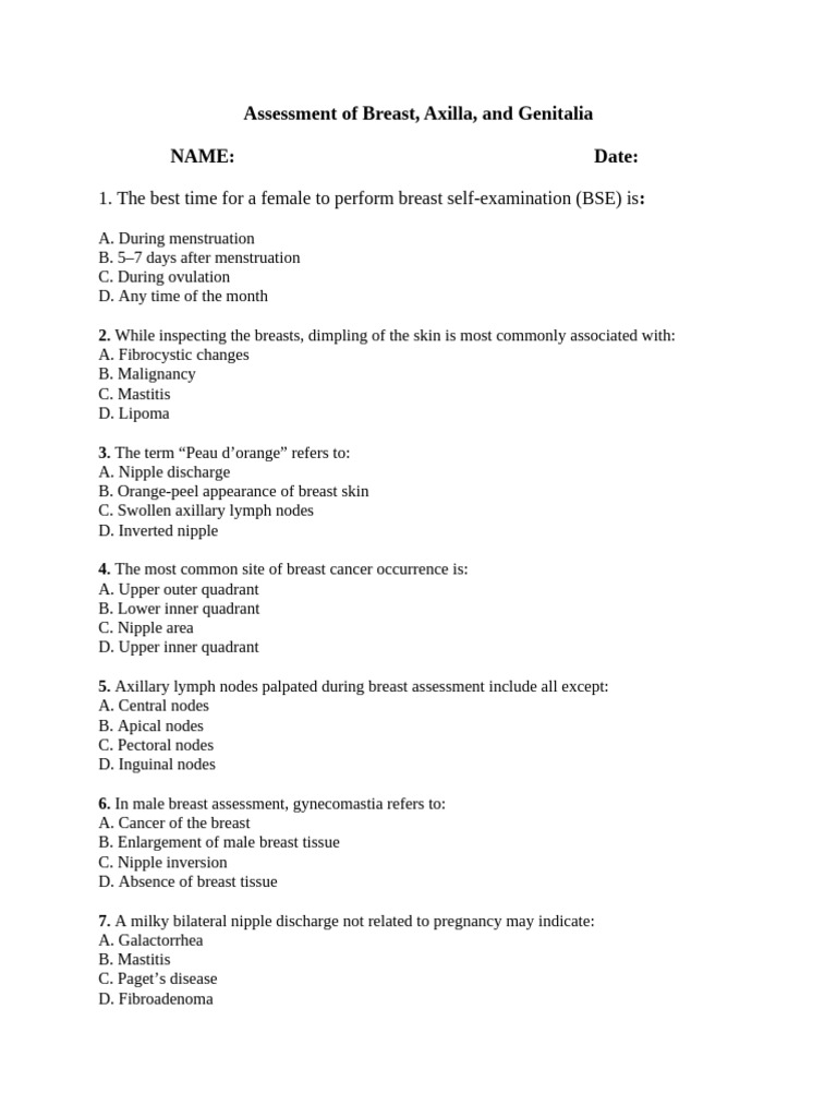 Breast and Genital Assessment Quiz | PDF
