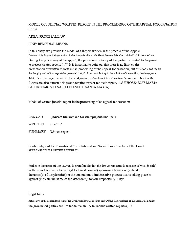 Judicial Report Model for Cassation Appeal | PDF | Judge | Appeal